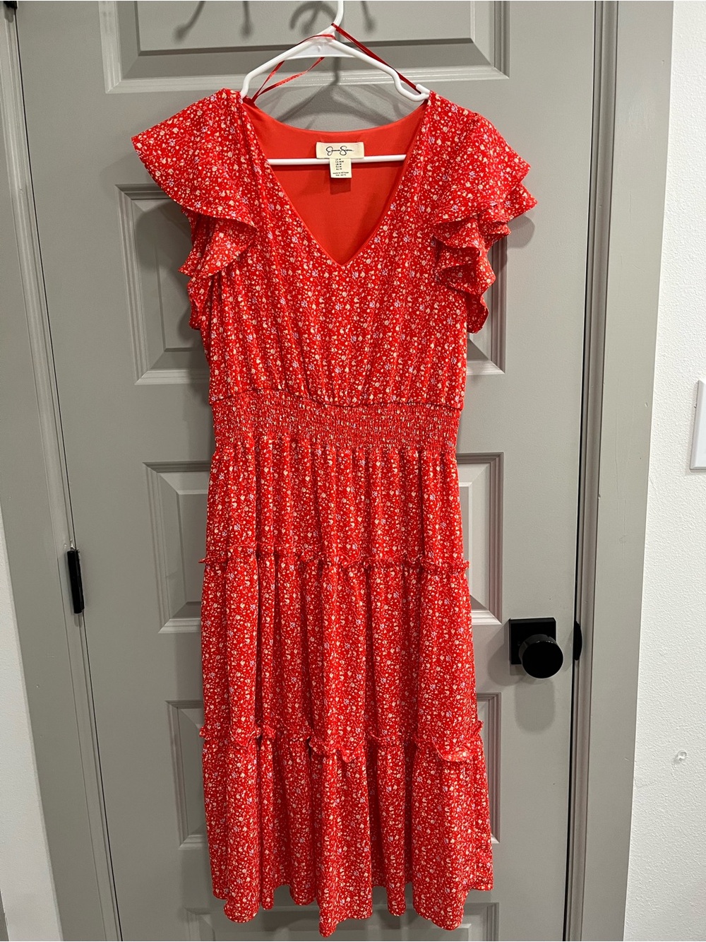 Jessica Simpson Red Floral V-Neck Ruffle Tiered Midi Dress